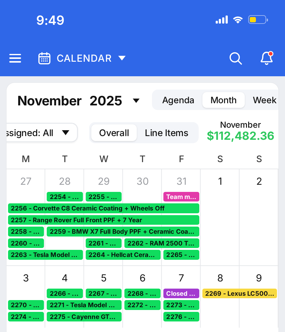 November 2025 shop calendar with its monthly total