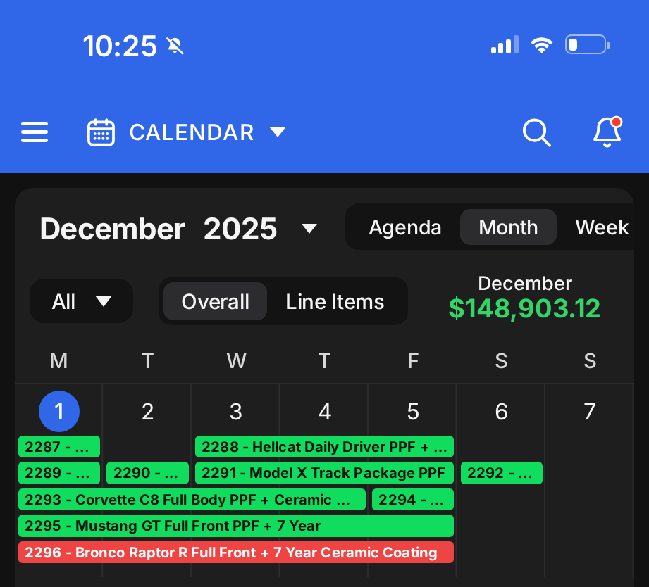 December 2025 shop calendar with its monthly total