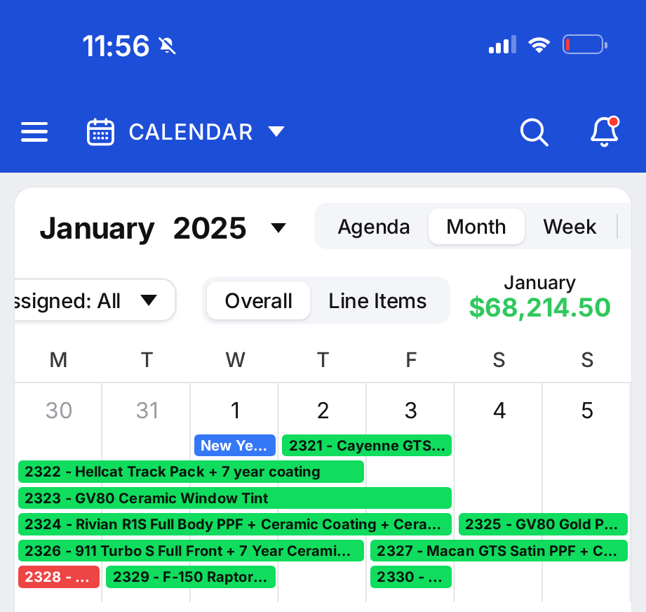 January 2025 shop calendar with its monthly total