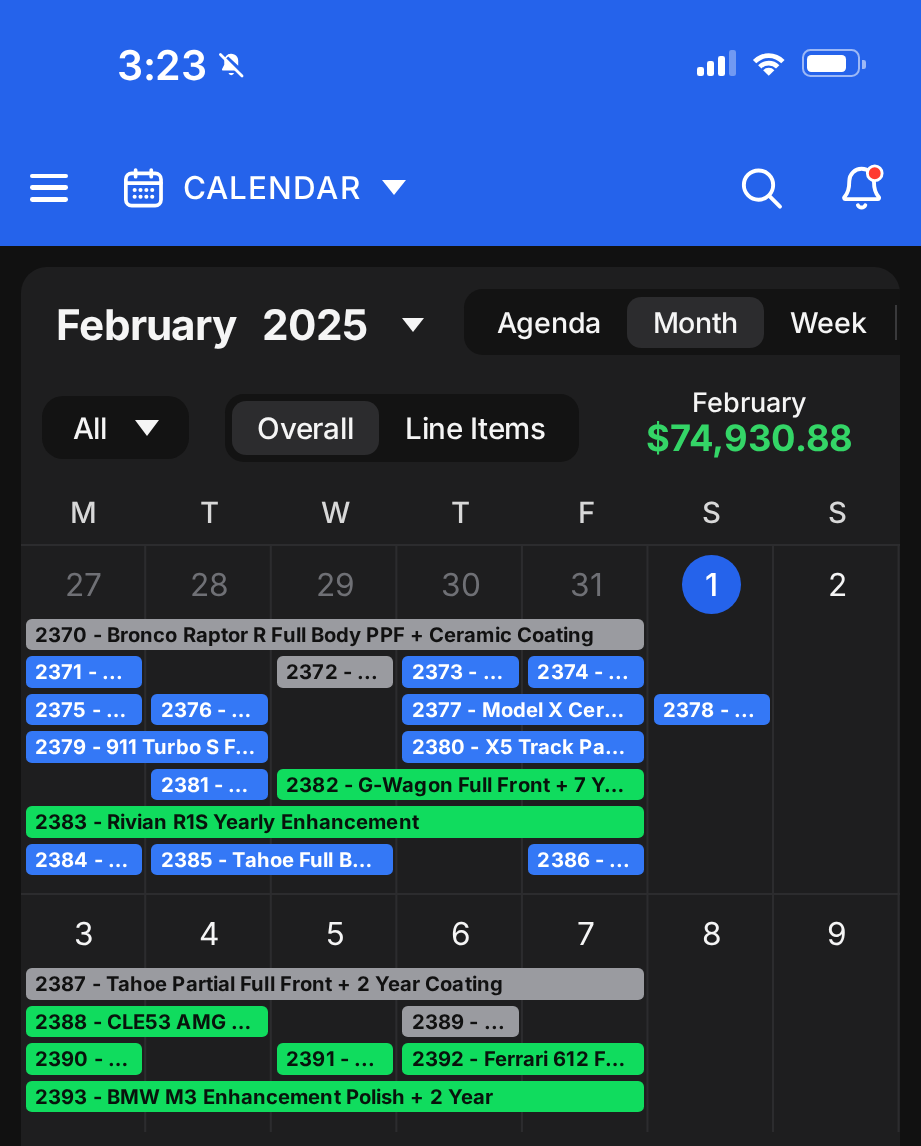 February 2025 shop calendar with its monthly total