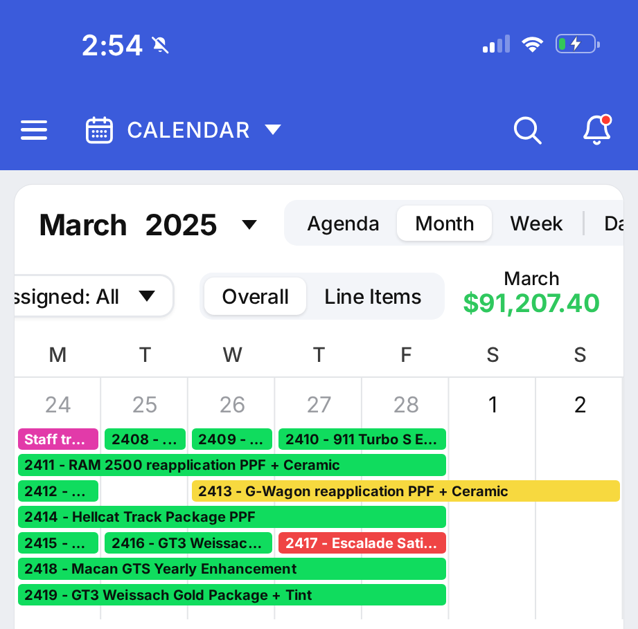 March 2025 shop calendar with its monthly total