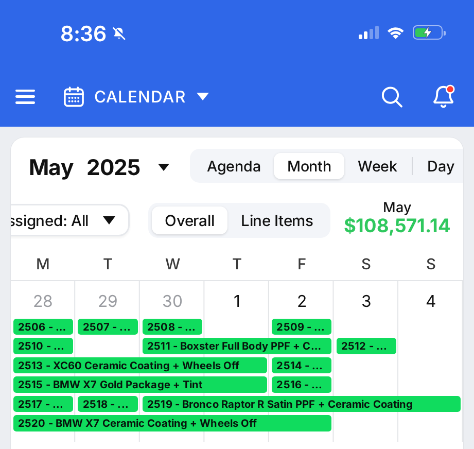 May 2025 shop calendar with its monthly total