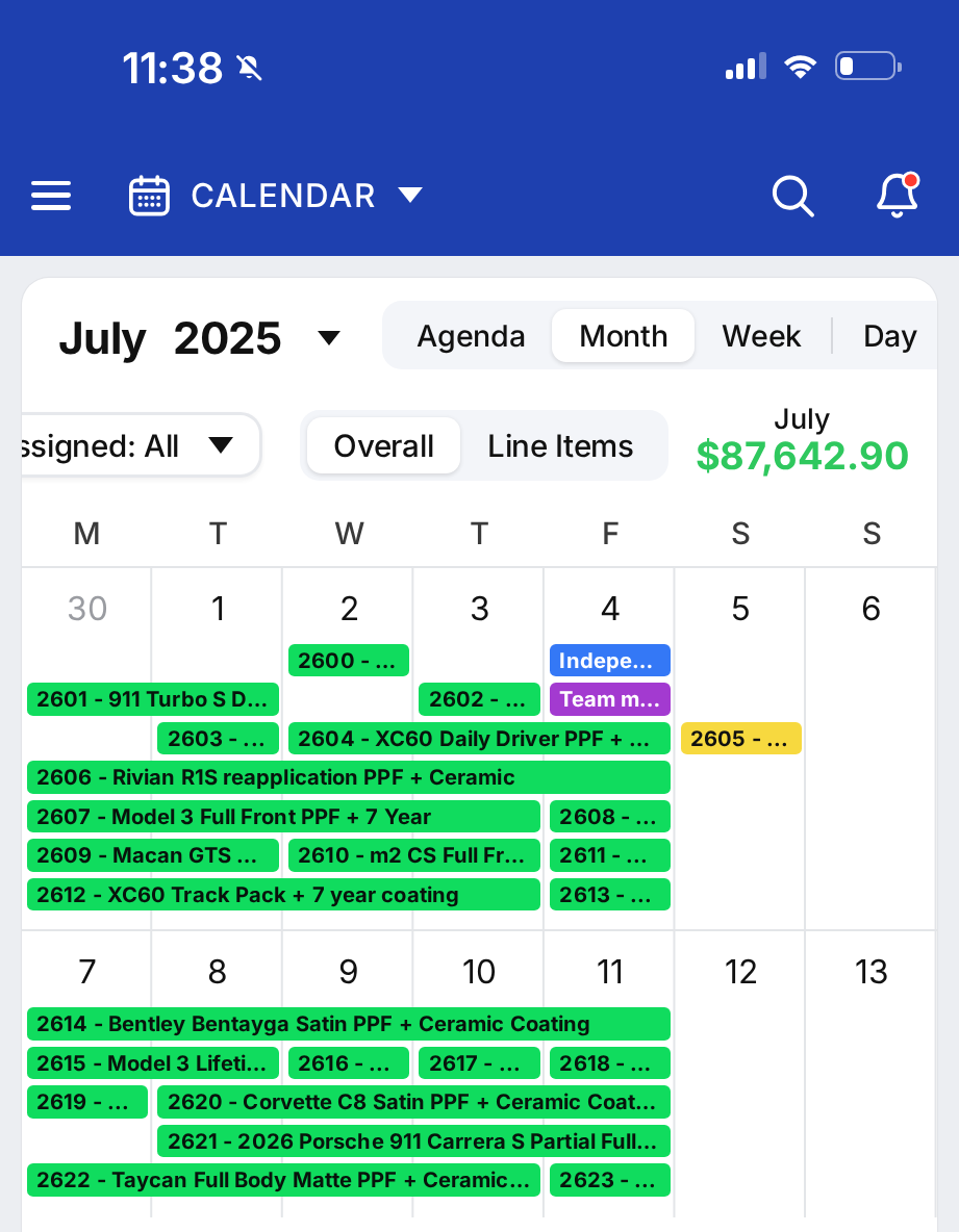 July 2025 shop calendar with its monthly total