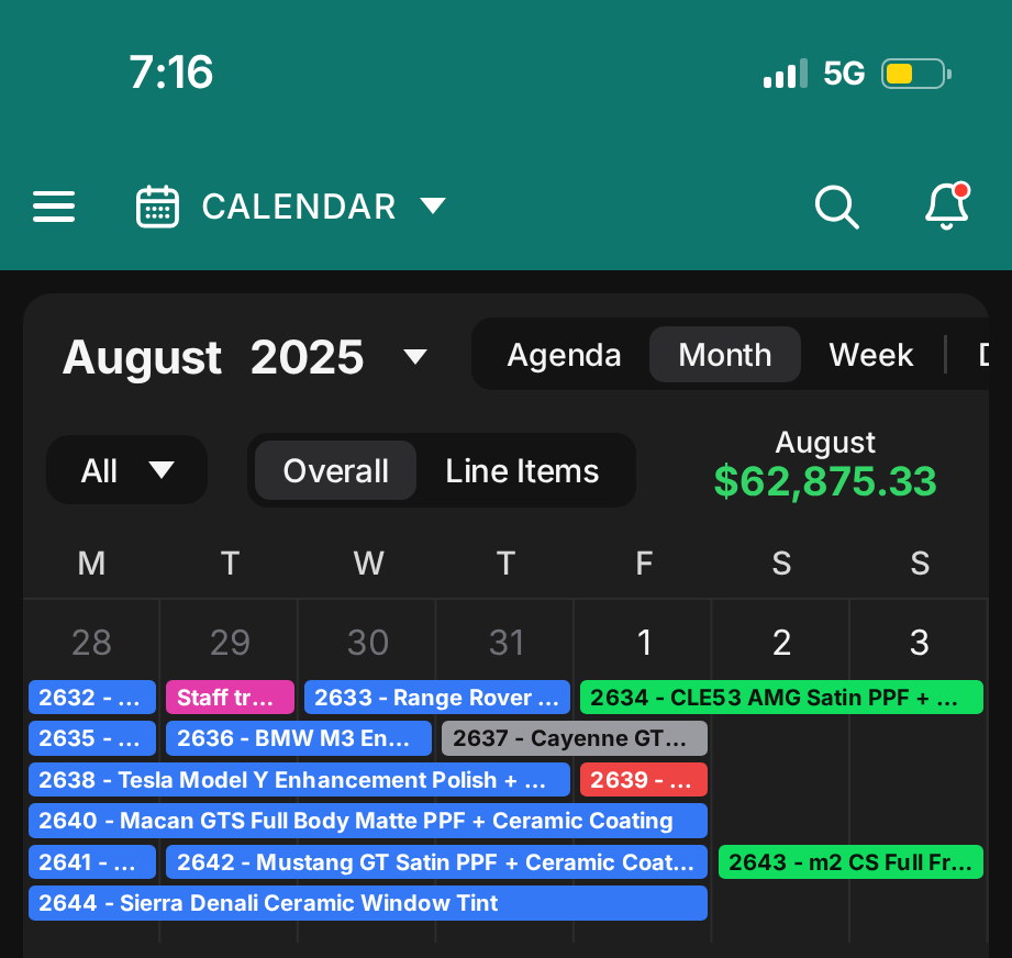 August 2025 shop calendar with its monthly total