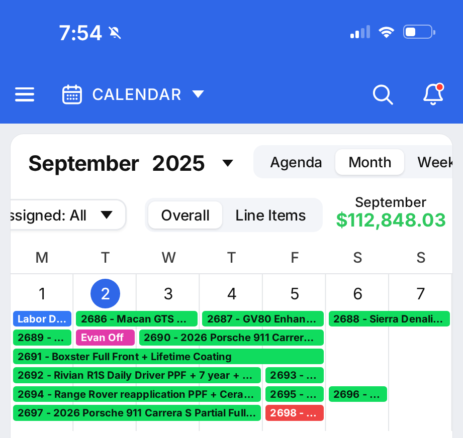 September 2025 shop calendar with its monthly total
