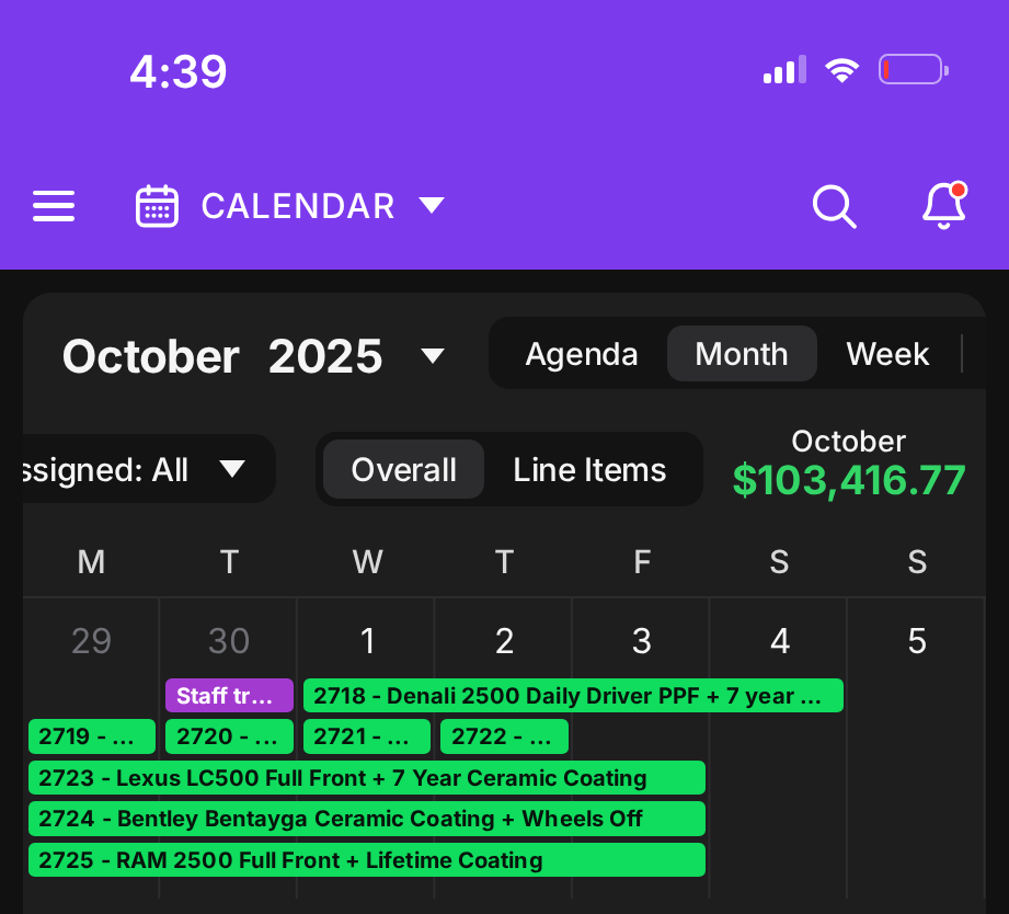 October 2025 shop calendar with its monthly total