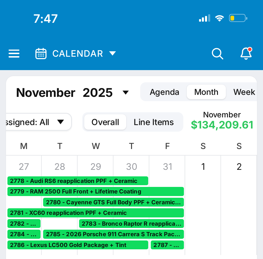 November 2025 shop calendar with its monthly total