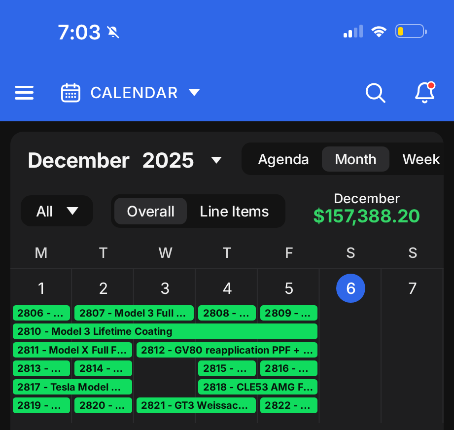 December 2025 shop calendar with its monthly total