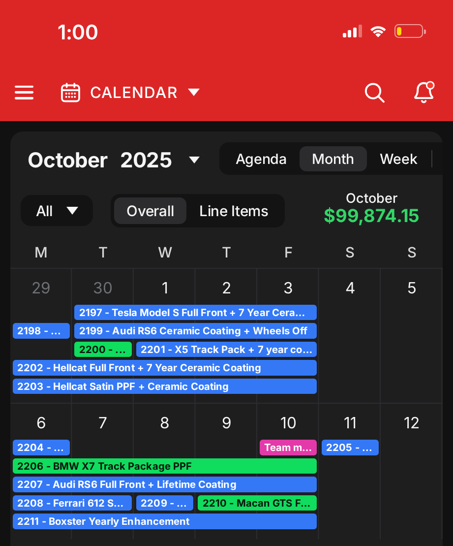 October 2025 shop calendar with its monthly total